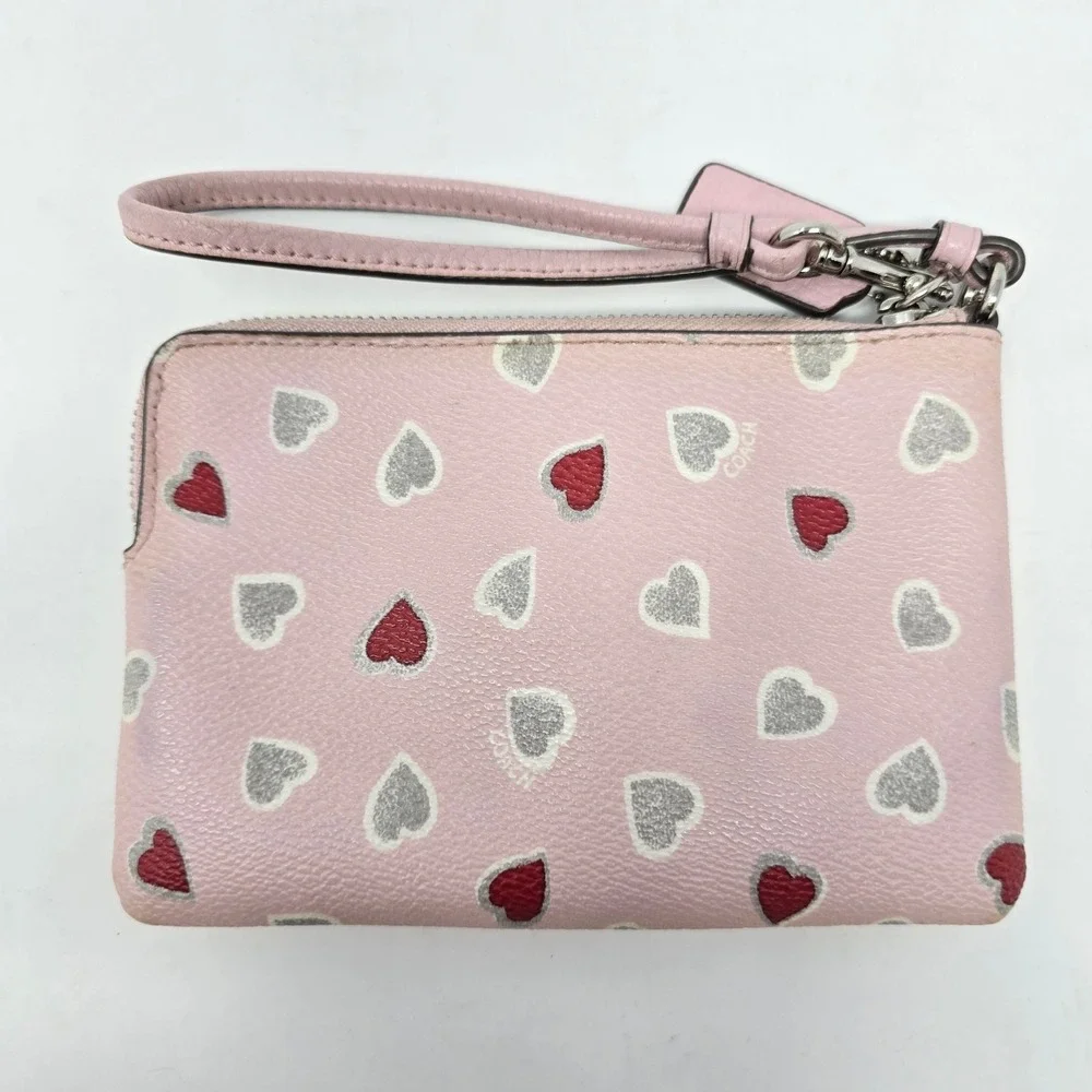 Coach Pink Heart Print Pebbled Leather Wristlet Zip Top Wallet Silver Logo